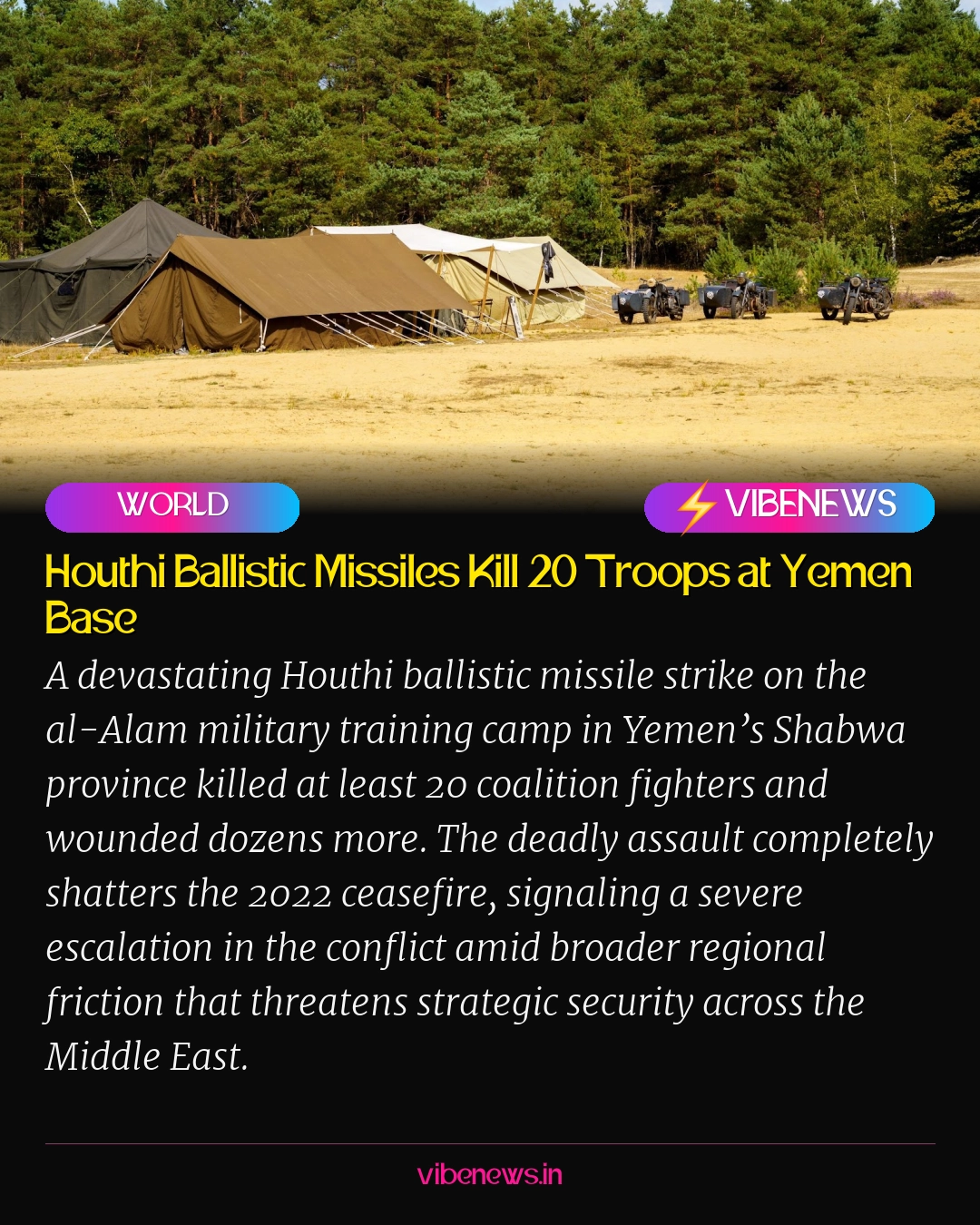 Houthi Ballistic Missiles Kill 20 Troops at Yemen Base