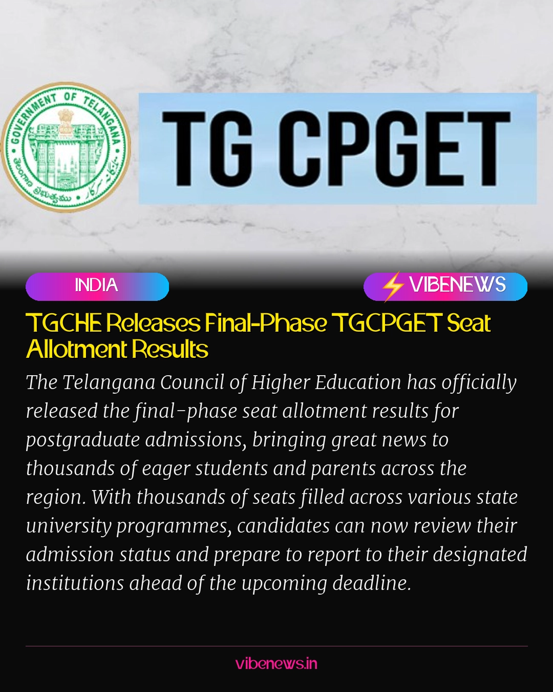 TGCHE Releases Final-Phase TGCPGET Seat Allotment Results