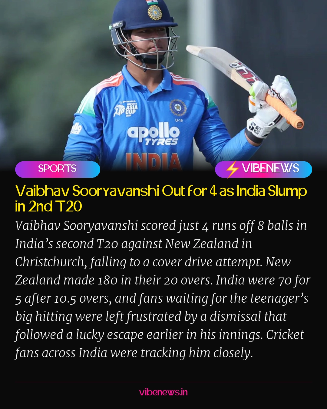 Vaibhav Sooryavanshi Out for 4 as India Slump in 2nd T20