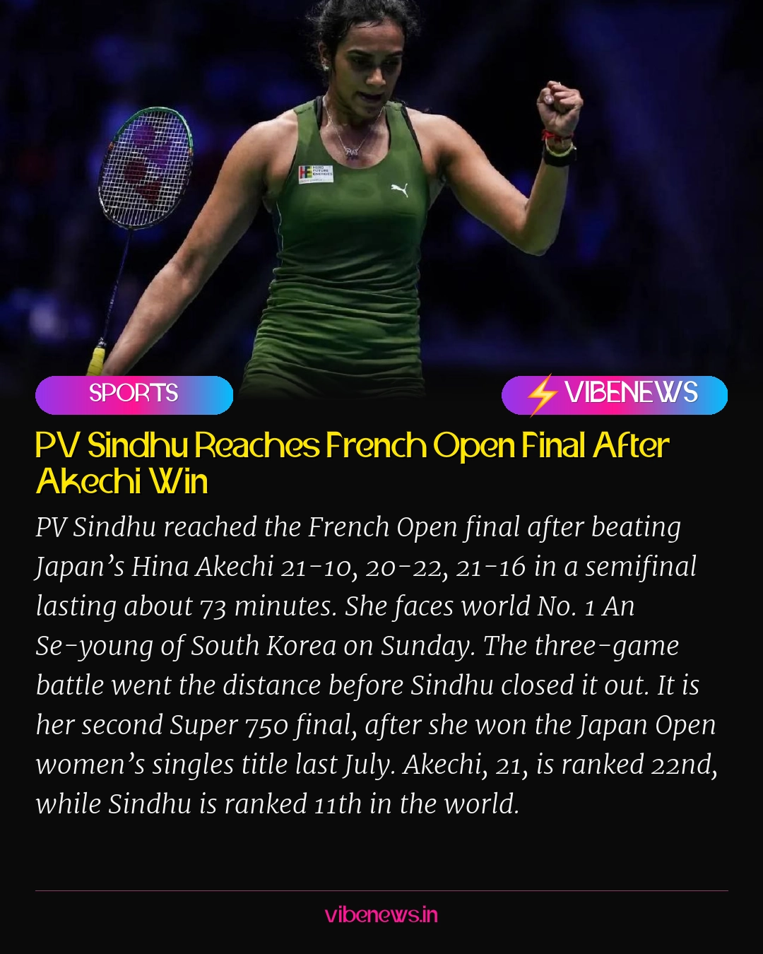 PV Sindhu Reaches French Open Final After Akechi Win