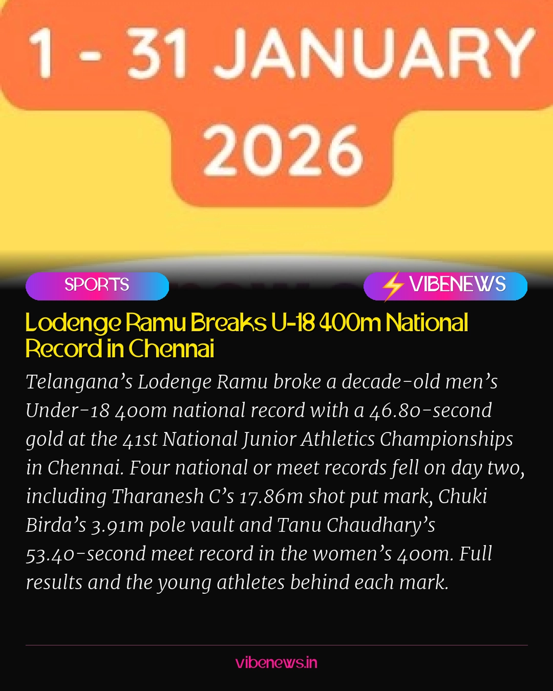 Lodenge Ramu Breaks U-18 400m National Record in Chennai