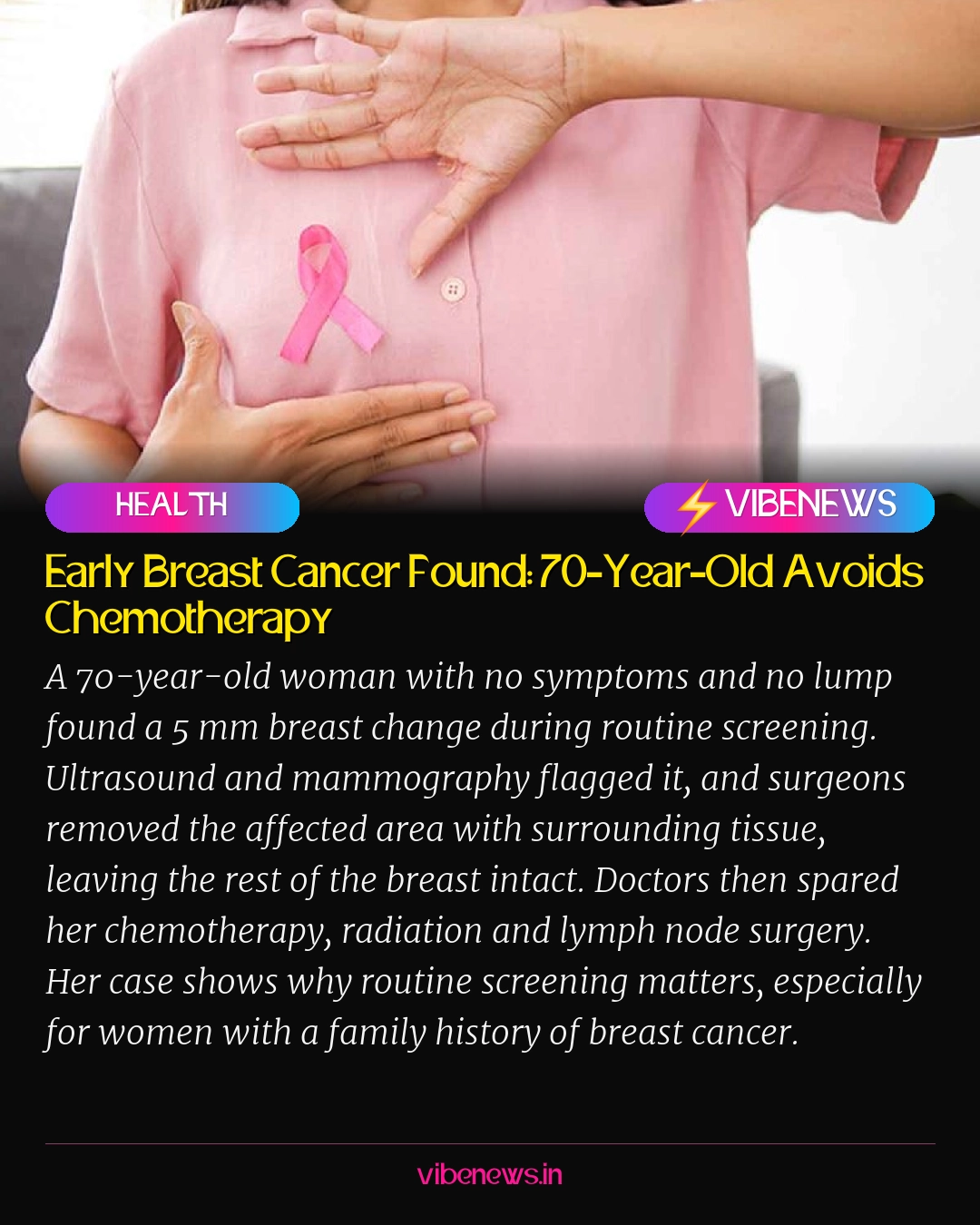 Early Breast Cancer Found: 70-Year-Old Avoids Chemotherapy