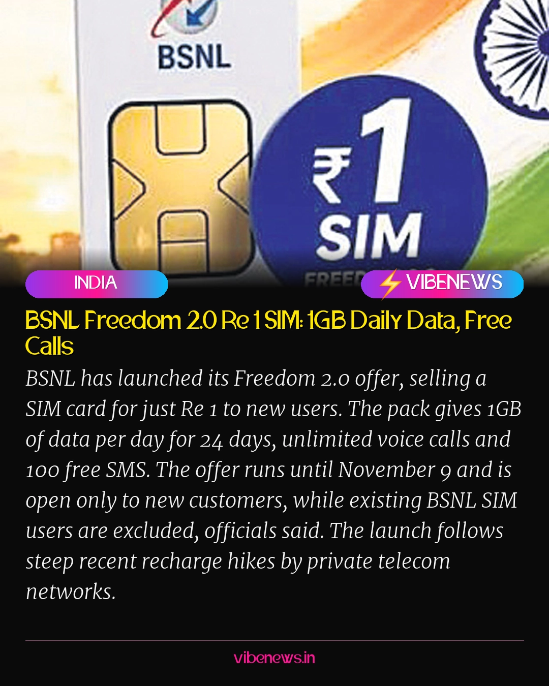 BSNL Freedom 2.0 Re 1 SIM: 1GB Daily Data, Free Calls