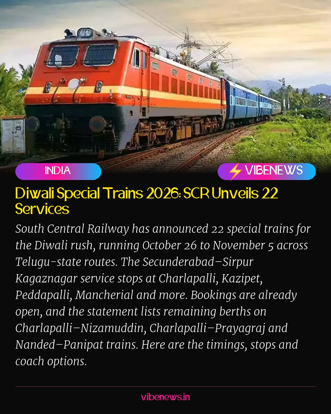 Diwali Special Trains 2026: SCR Unveils 22 Services