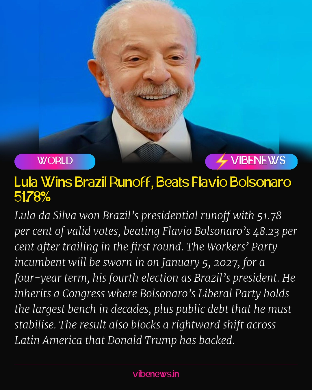 Lula Wins Brazil Runoff, Beats Flavio Bolsonaro 51.78%
