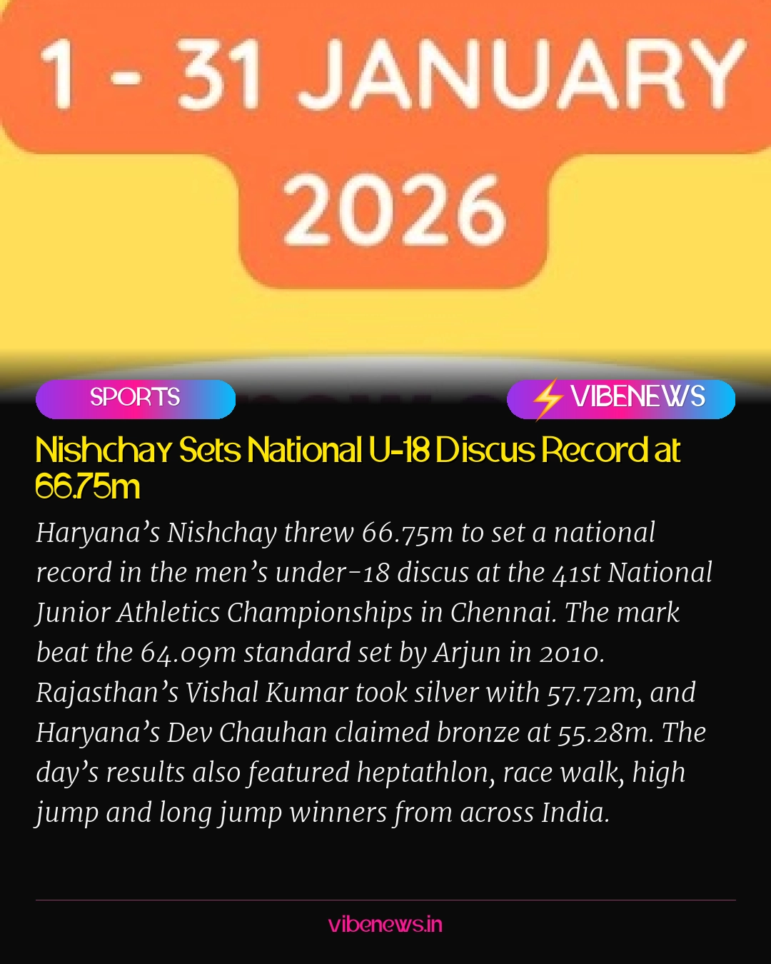 Nishchay Sets National U-18 Discus Record at 66.75m