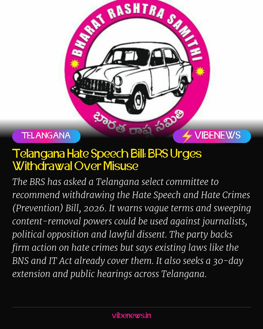 Telangana Hate Speech Bill: BRS Urges Withdrawal Over Misuse