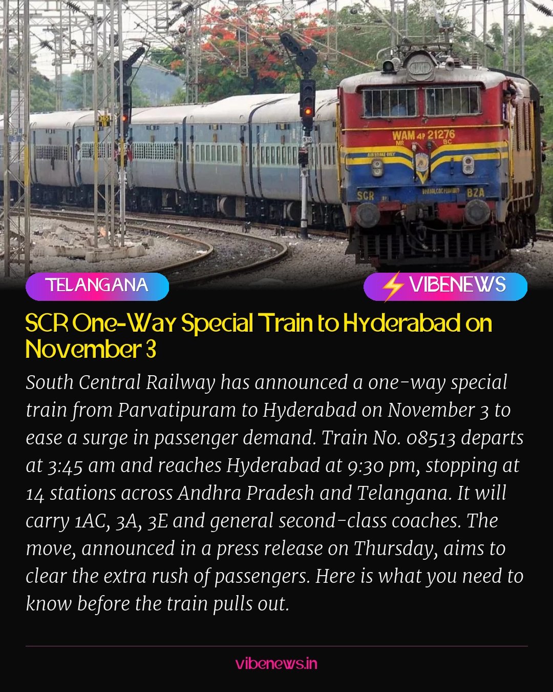 SCR One-Way Special Train to Hyderabad on November 3