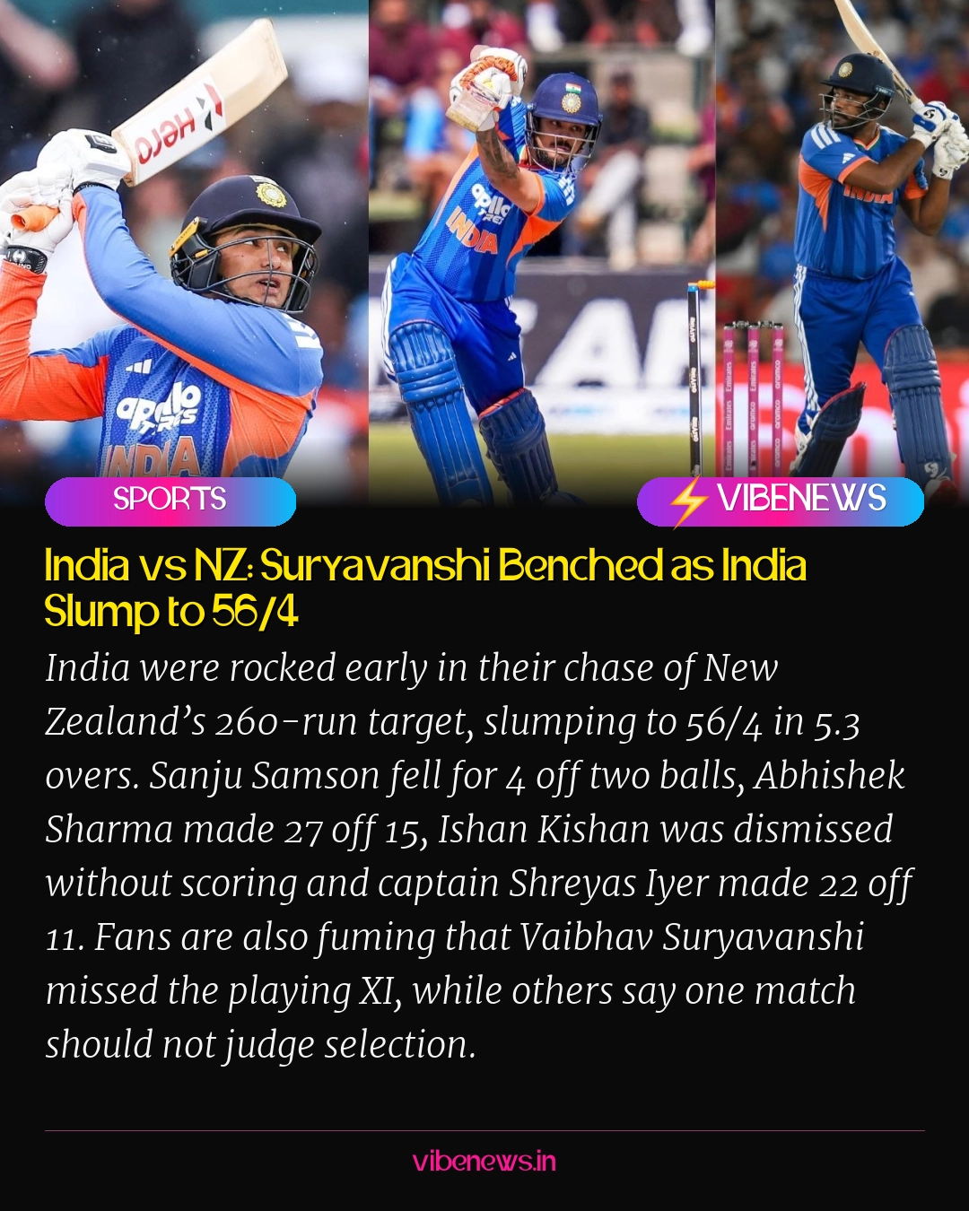 India vs NZ: Suryavanshi Benched as India Slump to 56/4